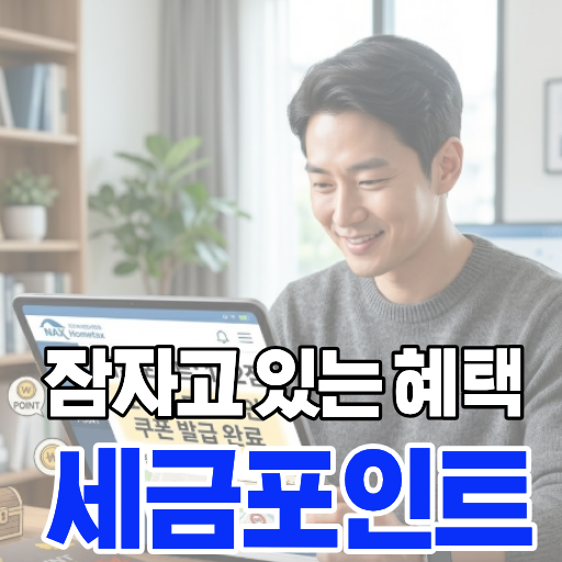 홈택스에서 세금포인트를 조회하고 전용 쇼핑몰 할인 혜택을 확인하는 화면 인포그래픽