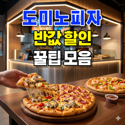 미노피자 50% 할인 이벤트와 모바일 바코드 쿠폰 혜택을 시각화한 이미지