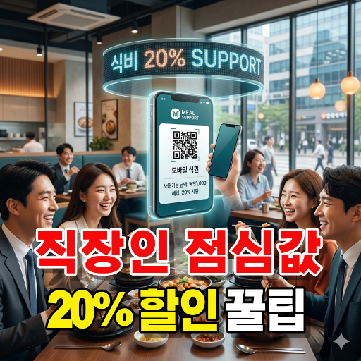 중소기업 근로자를 위한 직장인 든든한 점심밥 사업의 20% 식비 지원 혜택을 시각화한 점심 식사 3D 일러스트 이미지