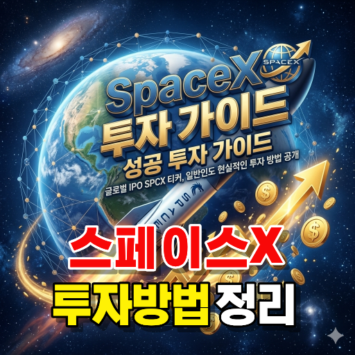 스페이스X 관련주 우회 투자 방법과 스타링크 우주 산업의 성장을 시각화한 로켓 및 상승 그래프 3D 일러스트 이미지
