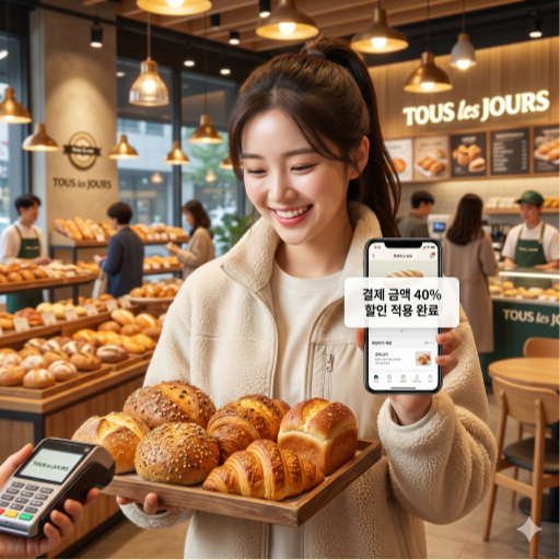 뚜레쥬르 매장에서 맛있는 빵을 40% 할인된 가격으로 구매하고 즐거워하는 모습의 실사 이미지