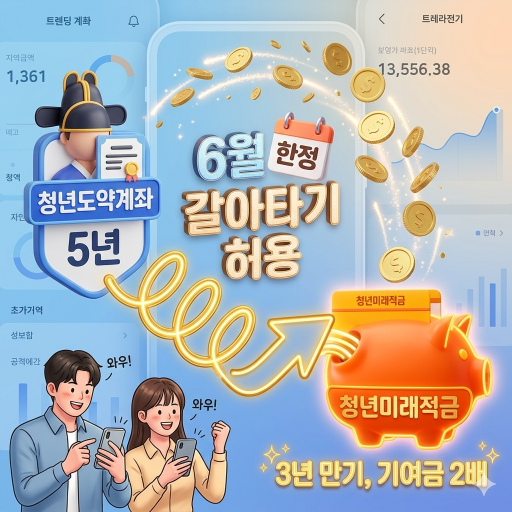 2026년 6월 한시 허용되는 청년도약계좌에서 청년미래적금으로의 갈아타기 환승 혜택과 3년 만기 변경 효과를 시각화한 3D 일러스트 이미지