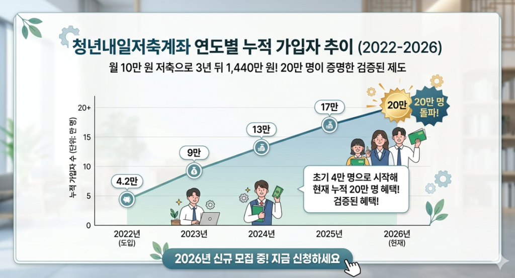 2022년부터 2026년까지 청년내일저축계좌 누적 가입자 수 변화 그래프