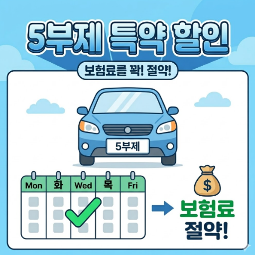 차량 5부제 승용차 요일제 참여를 통한 자동차 보험료 환급 혜택을 시각화한 자동차와 달력 3D 일러스트 이미지