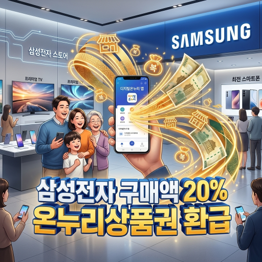 삼성전자 감사 페스티벌을 통해 제품 구매 금액의 20%를 디지털 온누리상품권으로 환급받아 소상공인 상생 소비를 실천하는 과정을 시각화한 일러스트 이미지