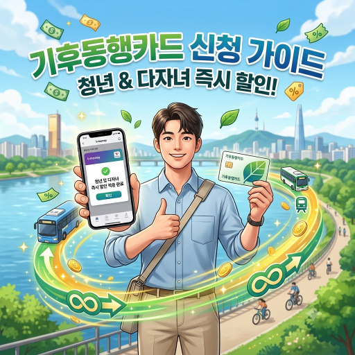 서울시 기후동행카드 신청 혜택을 조회하고 2026년 30일권 만기 사용에 따른 9만 원 페이백 환급 절차를 진행하는 과정을 시각화한 3D 일러스트 이미지