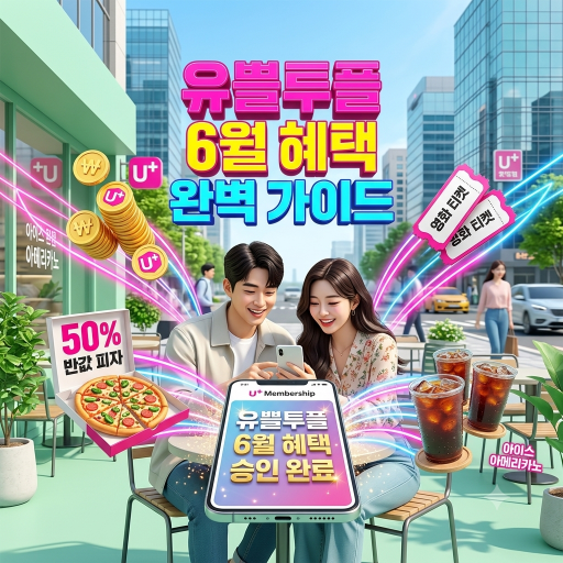 LG유플러스의 유쁠투플 6월 혜택 라인업을 스마트폰 앱으로 조회하고 외식 및 카페 할인을 사냥하는 스마트 라이프를 시각화한 3D 일러스트 이미지